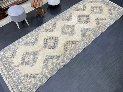 Hand Knotted Runner Rug Turkish Runner 3.8 x 10.8 Rug Vintage Gray Blue Runner Rug Hallway Runner Kitchen Runner Country modern Runner Rug