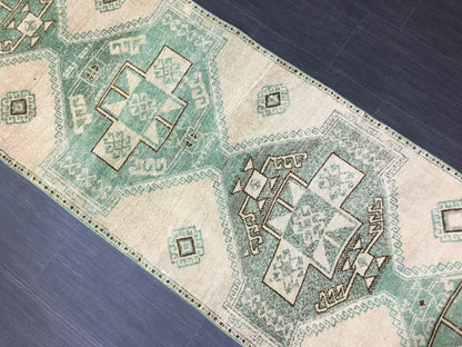 Vintage Hand Made Runner 2.7 x 11.6 Muted Runner Rug Turkish Runner Rug Muted Persian Runner Rug Vintage Rug Oriental Runner Rug Green
