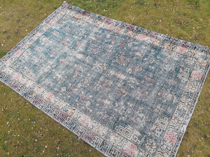 9'4x6'5 large oushak rug, blue distressed turkish rug vintage oushak runner rug vintage runner rug wool oushak vintsge hand made rugs