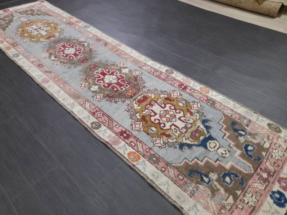 Vintage Oushak Runner Rug 2.6 x 10 Turkish Runner Rug Vintage Oriental Muted Runner Rug Runner Rug Soft Wool Runner Blue Vintage Runner Rug