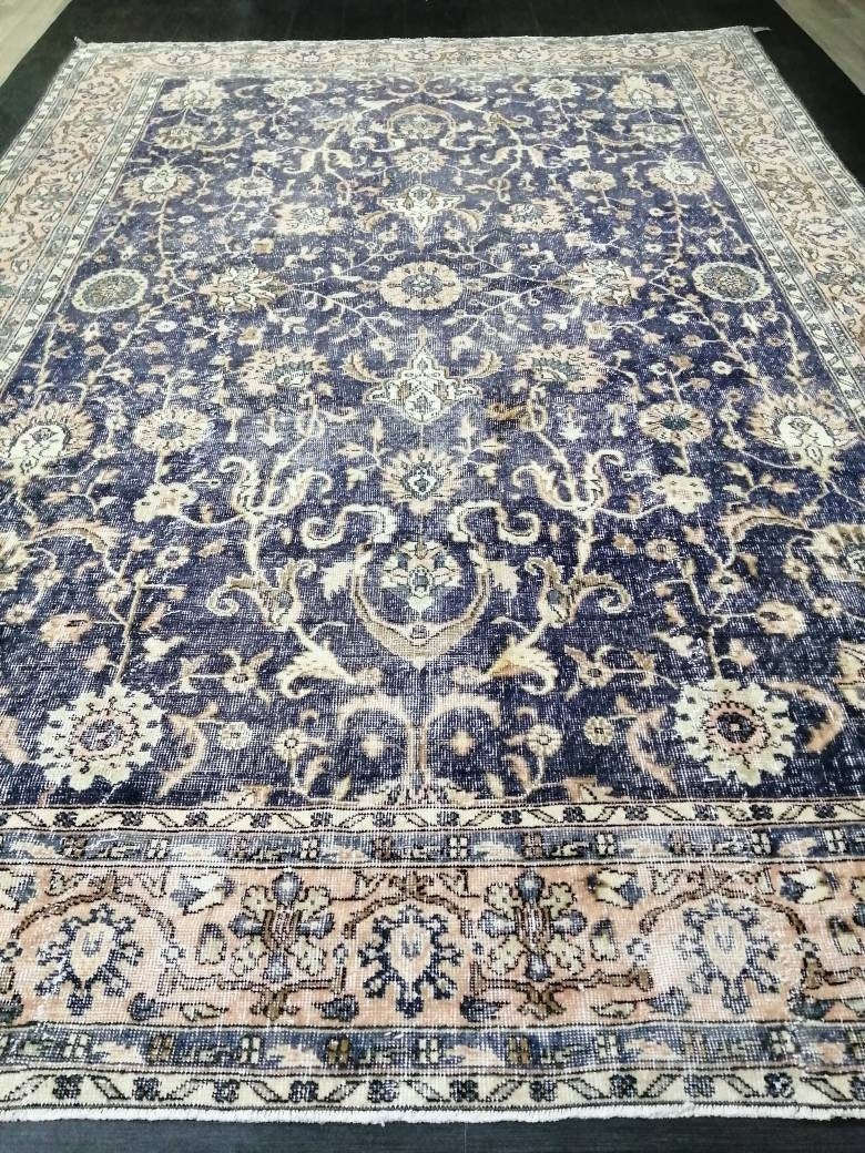 Navy Large OUSHAK RUG 8 x 11.8 TURKISH Oushak Rug Vintage Persian Rug Denim Blue Wool Oriental Rug Hand Made Rug 9x12 Navy Vintage Wool Rug