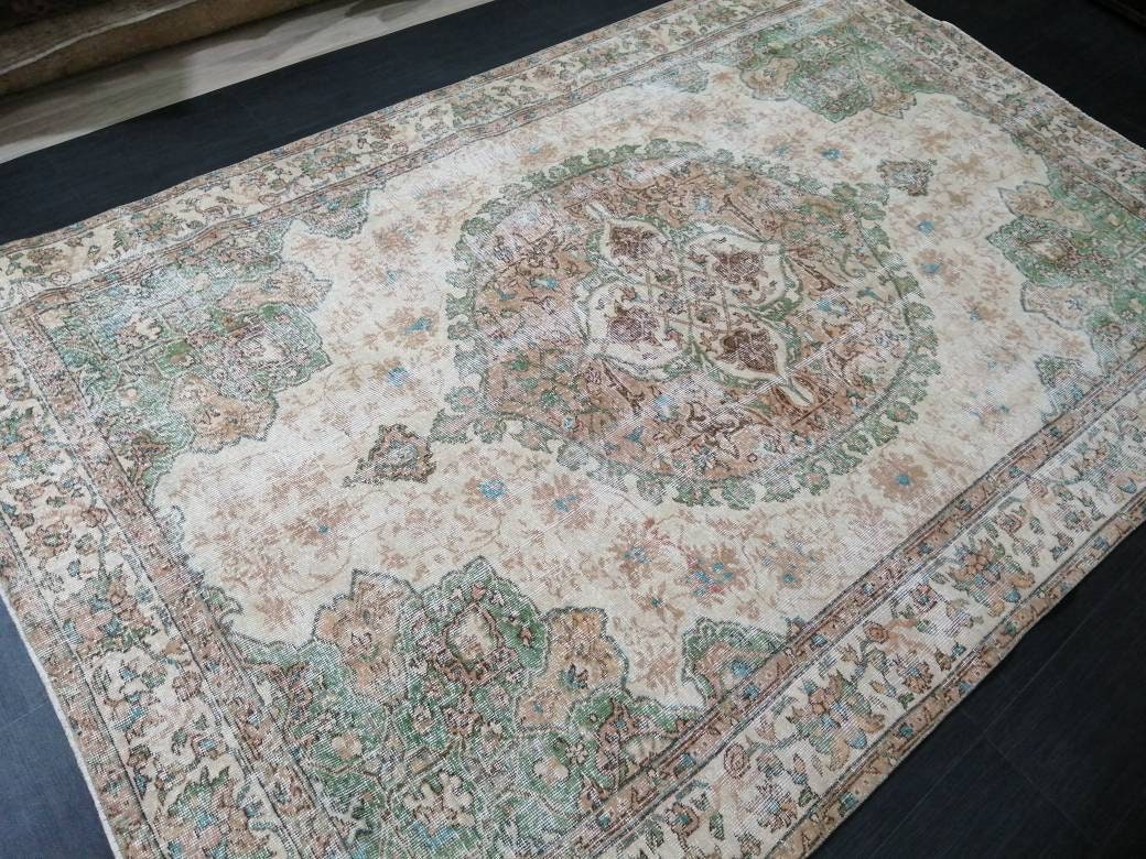 OUSHAK RUG Persian Rug 6.8 x 10.4 TURKISH  Rug Vintage Wool Rug Muted Vintage Oriental Rug Wool Oushak Rug Hand Made Rugs Green Vintage Rug
