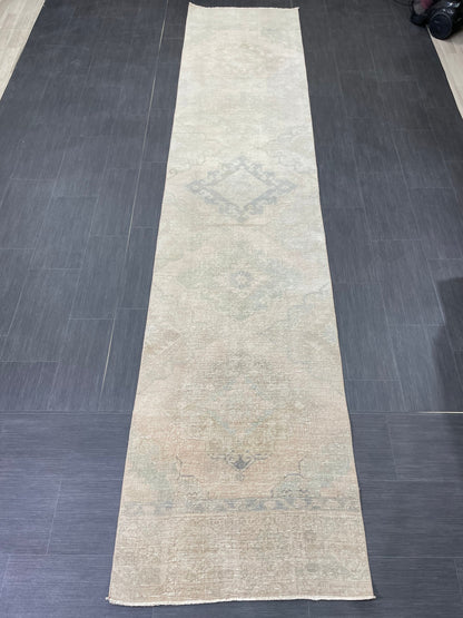 Muted Vintage Runner Rug 2.7 x 12.6 ft Muted Turkish runner rug Wool Pile Oushak Runner Hallway Rug runner Hand Knotted Runner Rug