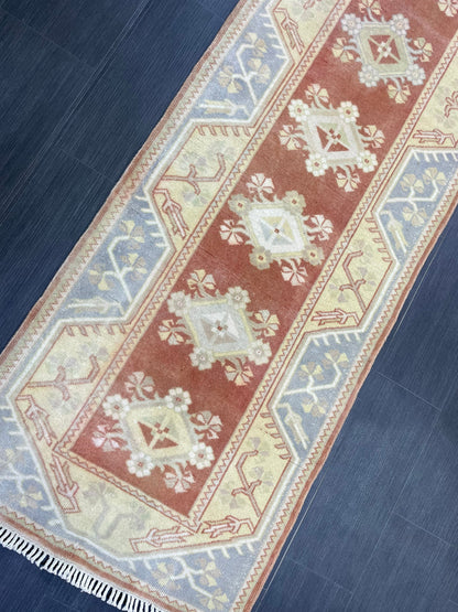 Vintage Hand Knotted Rug, Natural Wool Runner 2.7 x 10.5 Rug, Handmade Runner Rug, Turkish Runner Rug, Muted Runner Rug, Wool Kitchen Runner