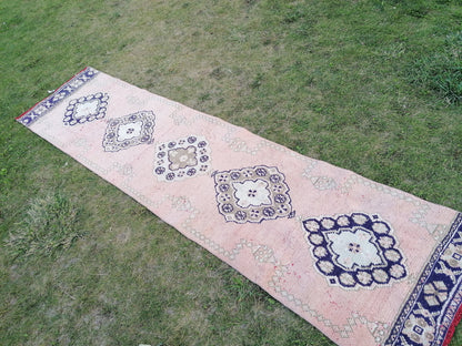 2'7x11 runner rug, vintage wool runner,pink runner rug, blue hallway runner rug kitchen runner rug wool runner rug