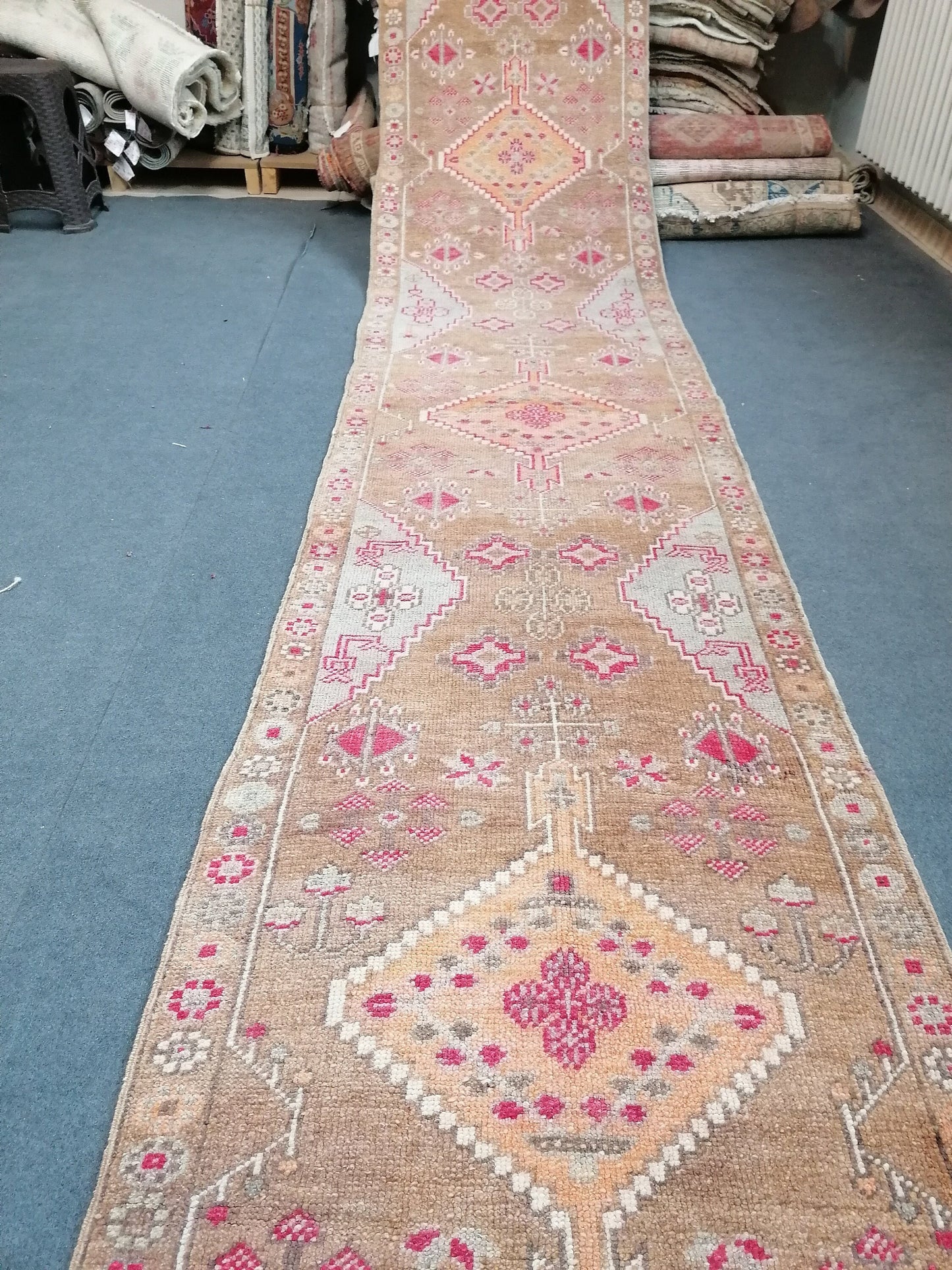 Oushak wool runner 2'10x15'8 long vintage runner, hallway handmade runner