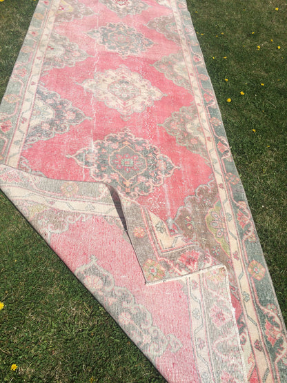 4x12 Vintage Runner rugs, Muted Runner RUG, TURKISH Runner, Pink Runner Rug, Pastel Oushak Rug ,Wool Runner Rugs, Oriental Runner  Rug