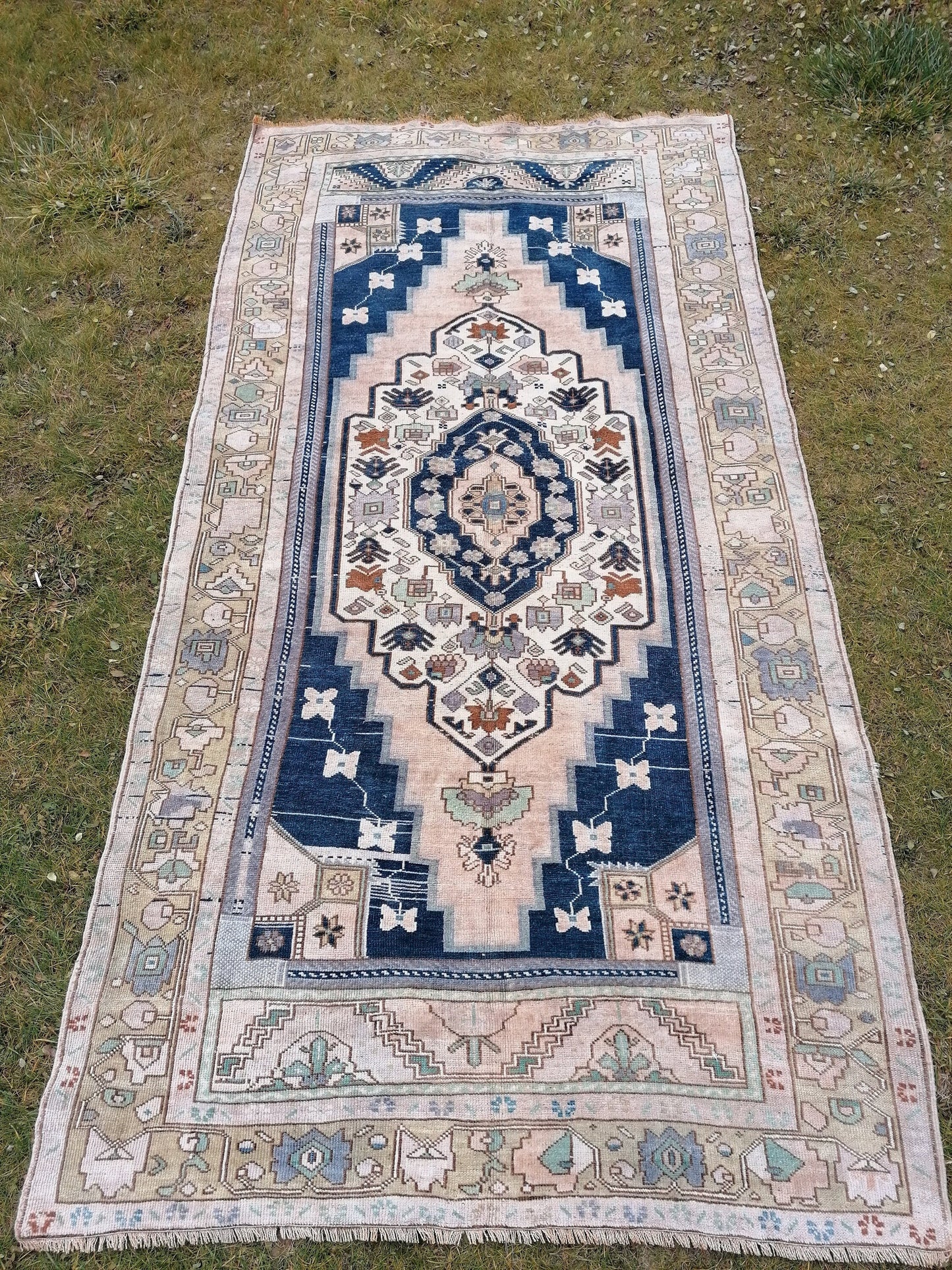 Turkish oushak rug, blue vintage rug 5'2x10 vintage oushak rug, unique hand made rug kitchen rug bohemian rug