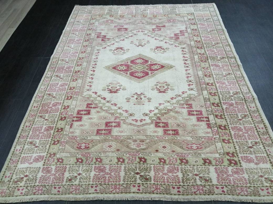 WOOL RUG Turkish Area Rug 5.3 x 7 Pink Vintage Rug Fan Hand Made Cute Oushak Rug Persian Muted Rug Earth Tones Rug Wool Pile Rug Rustic Rug