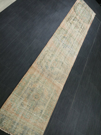 11.9x2.2 Distressed Runner Rug Turkish Runner Rug Muted Vintage Runner Rug  Faded Hallway Runner Rug Kitchen Runner Rug Wool Runner Rug