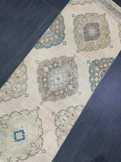 Muted Turkish Runner Rug Vintage 3 x 13.7 Runner Rug Hallway Runner Rug Hand Knotted Runner Kitchen Runner Rug Handmade Runner Rug