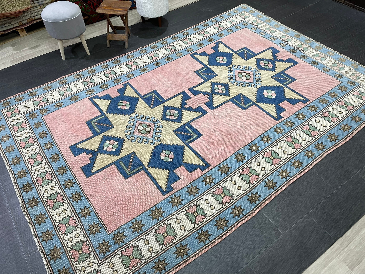 Wool OUSHAK RUG TURKISH 6.6 x 10 Rug  Vintage Oriental Rug Vintage Handmade Rug Wool Vintage Pink and Blue Rug Hand Knotted Rug
