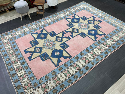 Wool OUSHAK RUG TURKISH 6.6 x 10 Rug  Vintage Oriental Rug Vintage Handmade Rug Wool Vintage Pink and Blue Rug Hand Knotted Rug