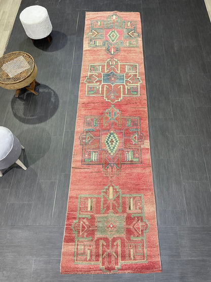 Handmade Runner Rug, 2.8 x 11.2 Turkish Runner Rug, Vintage Runner Rug, Hallway Runner Rug,Hand Knotted Runner Rug Wool Oushak Runner