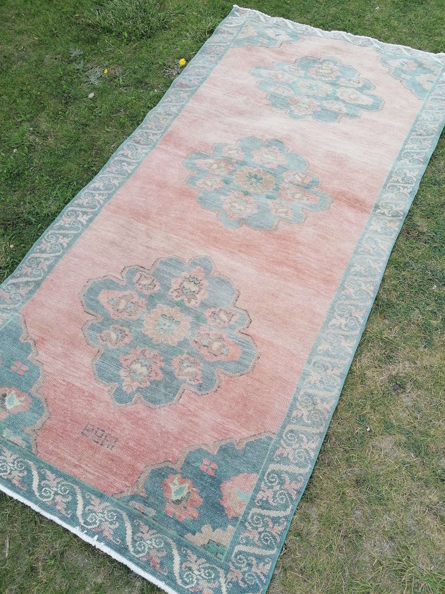 4'6x9'6 oushak turkish runner rug,vintage green runner rug, hallway runner rug, hand made wool runner, kitchen rug