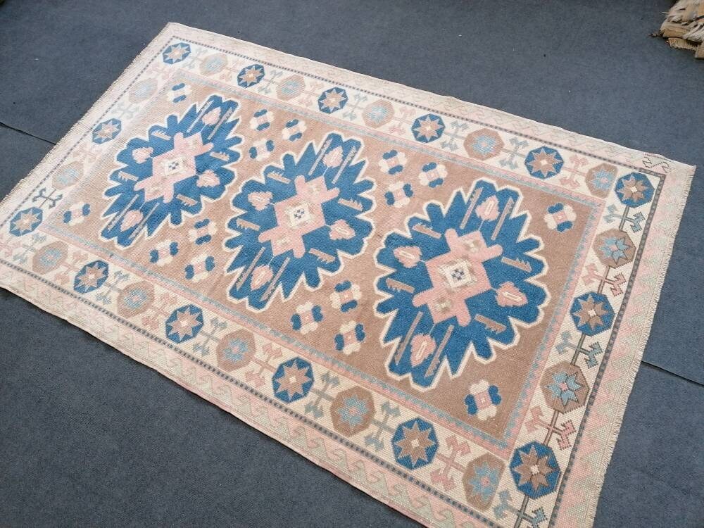 Turkish rug 4'5x7'3 blue and pink wool rug, vintage oushak rug, hand made living room rug