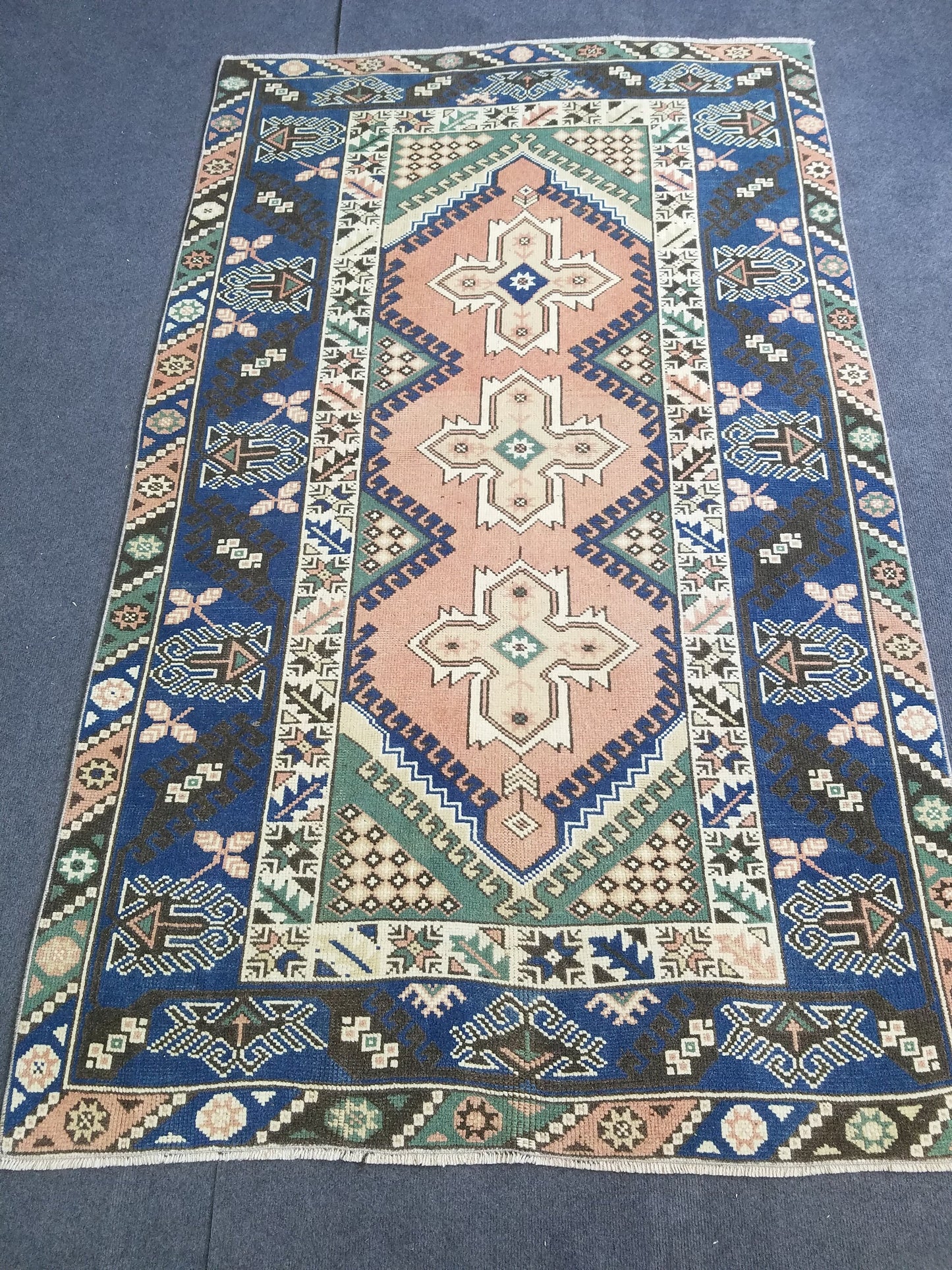 Vintage blue rug,turkish oushak rug 6'8x4'2 wool rug