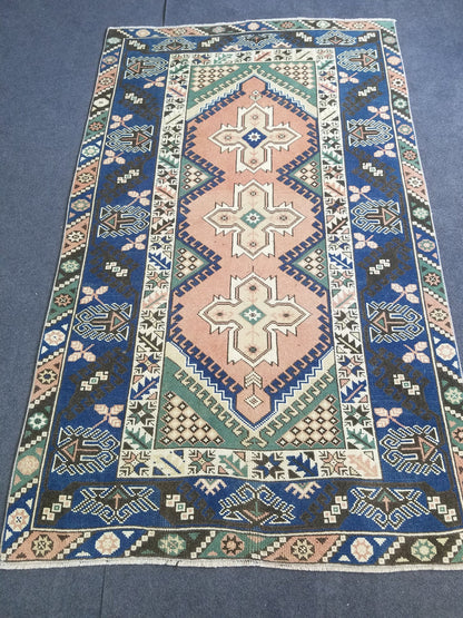 Vintage blue rug,turkish oushak rug 6'8x4'2 wool rug