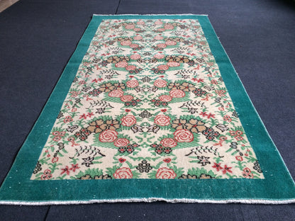 Vintage Rug, Turkish Rug Bohemian Rug, Living Room Rug, Oushak Rug,Hand woven Rug,Weaving Rug, 7 x 4 feet, Green Floral Rug