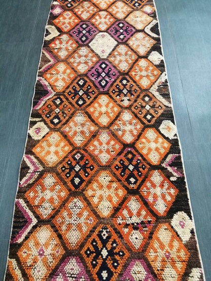 Vintage Runner Rug 2.6 x 13.6 Turkish runner rug , Medium Wool Pile Runner , Brown Oushak rug, Hallway Rug runner , Earth Tones Runner Rug