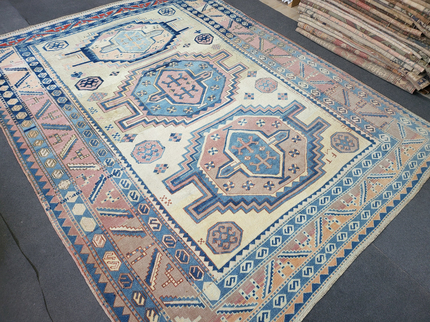 Antique RUG, Turkish Oushak 8.7 x 9.4 Rug, One Of A Kind Rug, Vintage Persian Rug, Blue Vintage Rug, Fine Wool Unique Rug, Rear Turkish Rug,