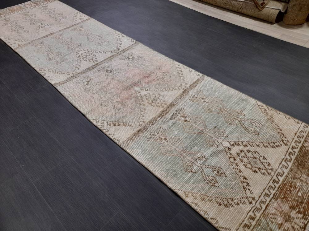 Muted Vintage Runner Rug 3.2 x 12.3 Hand Made Runner Rug Turkish Runner Rug Pink Vintage Runner Rug Hallway Runner Rug Distressed Runner Rug