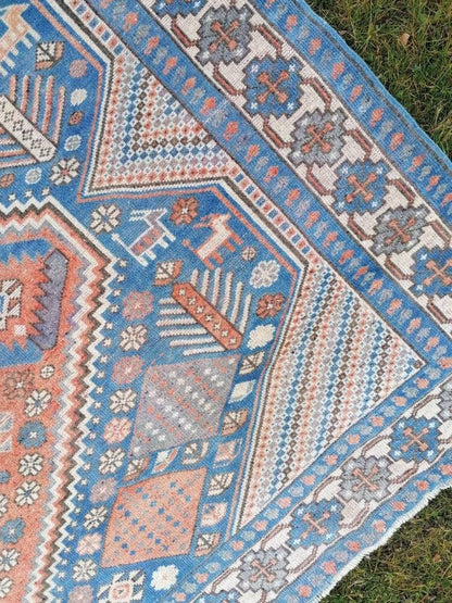 Turkish blue wool rug 6'8x10 large oushak vintage rug, unique hand made, living room rug