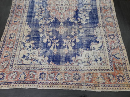 Antique Distressed RUG Wool Distressed TURKISH Rug 6.6 x 9.6 Blue Vintage Rug Vintage Rug Wool Oushak Rug Hand Made Rug Hand Knotted Rug