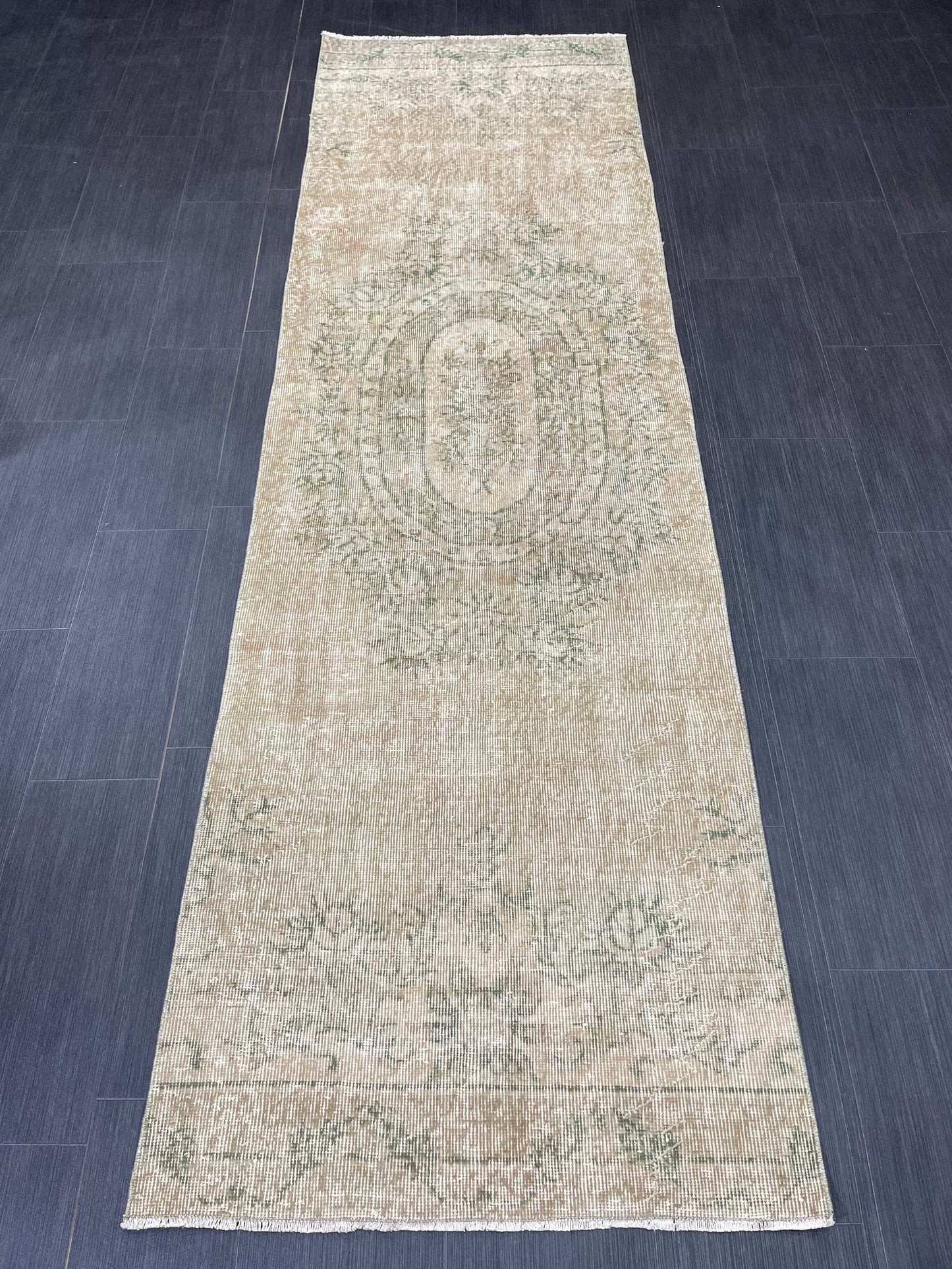 Oushak Runner Rug 2.7 x 9.4 Muted Turkish Runner Rug Green Vintage Neutral Runner Rug Hallway Natural Runner Kitchen Runner Rug Wool Runner