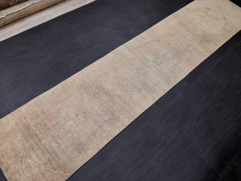 Neutral Vintage Hand Made Runner Rug Turkish Runner Rug 2.8 x 12.3 Faded Vintage Runner Rug Hallway Runner Rug Neutral Kitchen Runner Rug