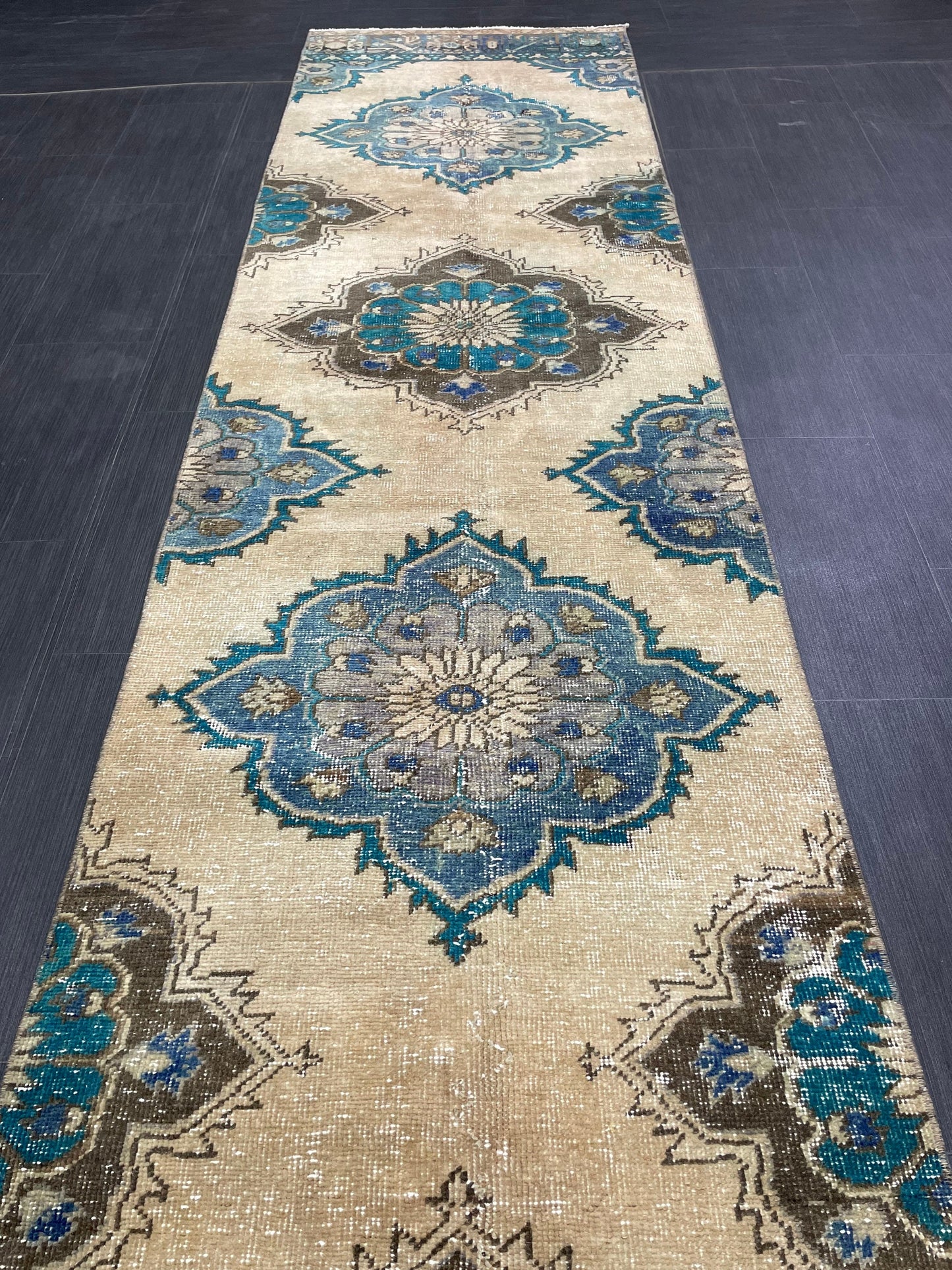 Distressed Handmade Runner Rug 2.8 x 12.4 Turkish Runner Rug Vintage Runner Rug Hallway Runner Rug Kitchen Runner Rug Wool Runner Rug