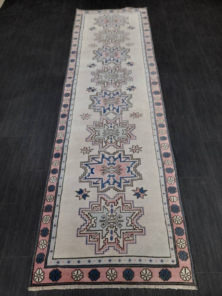Hand Knotted Runner Rug 2.6 x 9 Vintage Turkish Runner XL Vintage Oriental Runner Rug Oushak Runner Rug Plush Soft Wool Runner Hand Made Rug