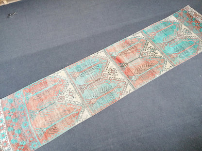 12'x2'11 vintage blue runner rug, vintage hallway runner, vintage kitchen runner rug, vintage anatolian rug