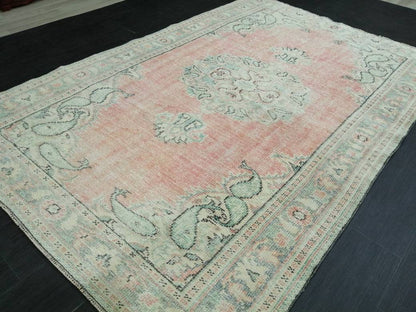 Vintage Hand Made Rug, 5.8 x 8.7 Large Oushak Rug, Pink Rustic Rug, Distressed ORIENTAL Rug, Distressed Turkish Rug, Vintage Persian rug