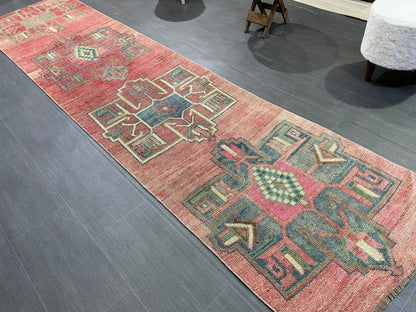 Handmade Runner Rug, 2.8 x 11.2 Turkish Runner Rug, Vintage Runner Rug, Hallway Runner Rug,Hand Knotted Runner Rug Wool Oushak Runner