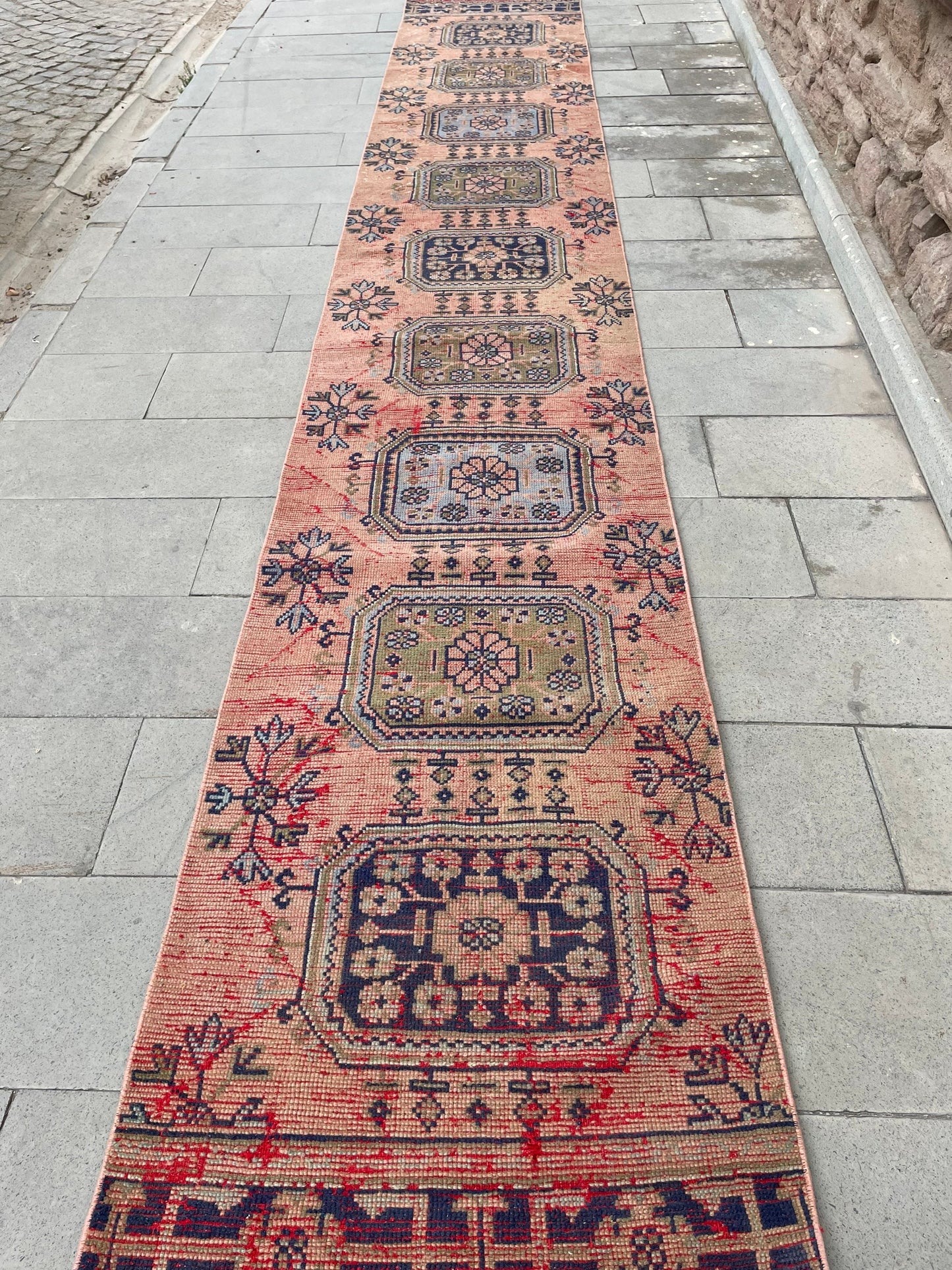Wool Extra Long Turkish Runner Rug, Very Long Oushak Runner 2.7 x 17.4 ft Rug, Vintage Runner Rug, XL Handmade Runner Rug Staircase carpet