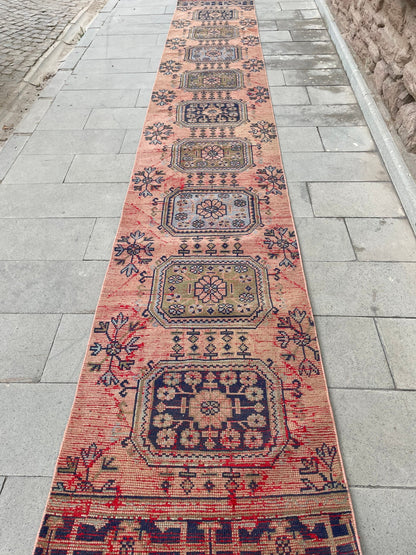 Wool Extra Long Turkish Runner Rug, Very Long Oushak Runner 2.7 x 17.4 ft Rug, Vintage Runner Rug, XL Handmade Runner Rug Staircase carpet