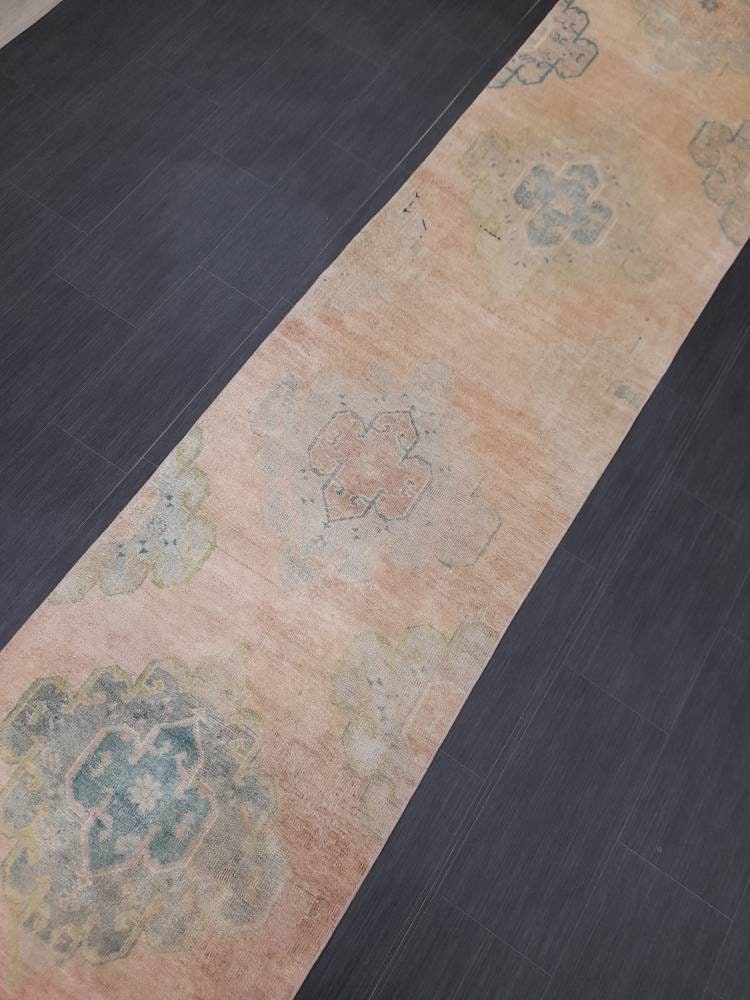 Hand Knotted Runner Rug Muted Turkish Runner Rug Vintage Runner Rug 2.6 x 12.8 Distressed Hallway Runner Kitchen Runner Rug Muted Runner Rug
