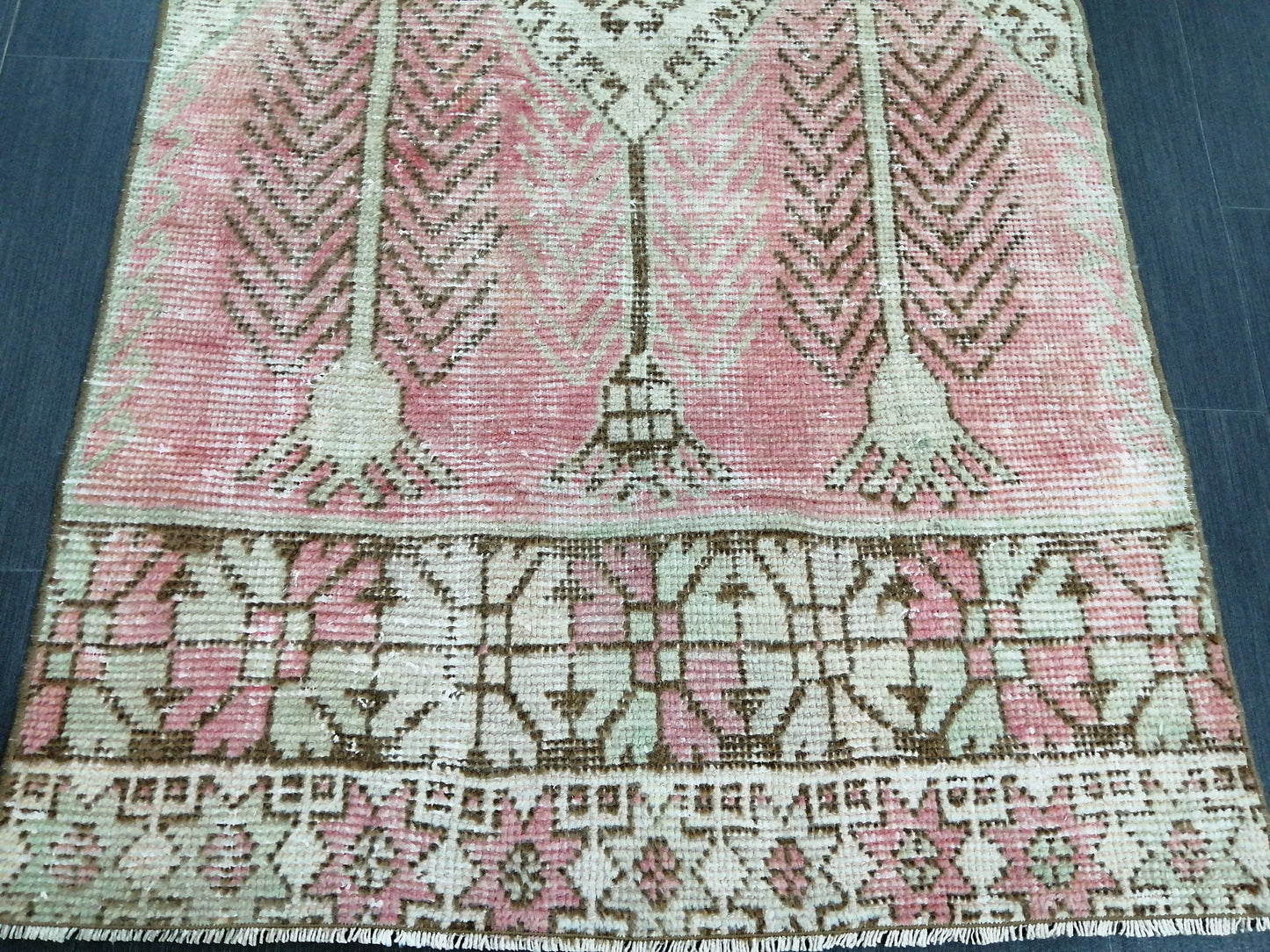 Muted Oushak Runner Rug 11.3 x 3  Pink and Green Vintage Runner Rug Distressed Hallway Runner Rug Kitchen Runner Rug Wool Runner Rug