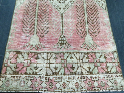 Muted Oushak Runner Rug 11.3 x 3  Pink and Green Vintage Runner Rug Distressed Hallway Runner Rug Kitchen Runner Rug Wool Runner Rug