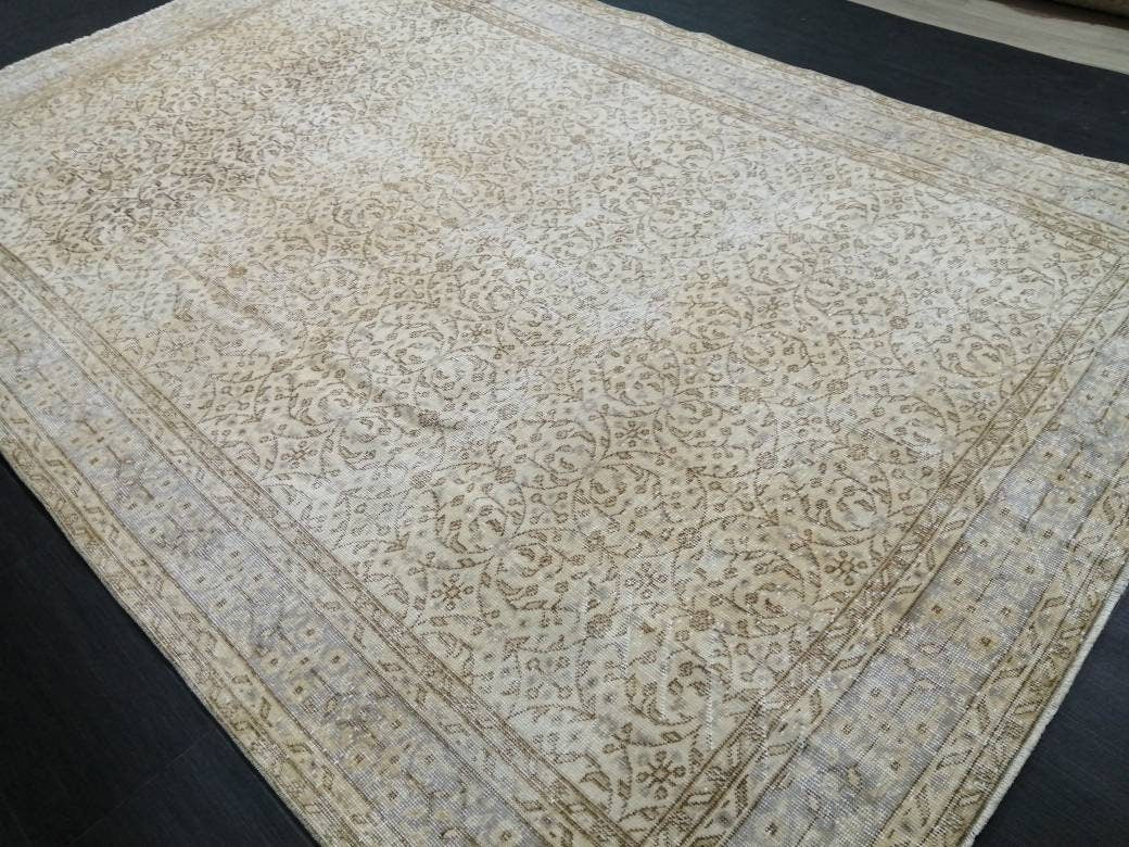 Muted Vintage Rug Neutral 6.5 x 10 Oushak  Rug Vintage  Rug Wool Oushak Rug Neutral Hand Made Rugs Vintage Turkish Rug 7x10