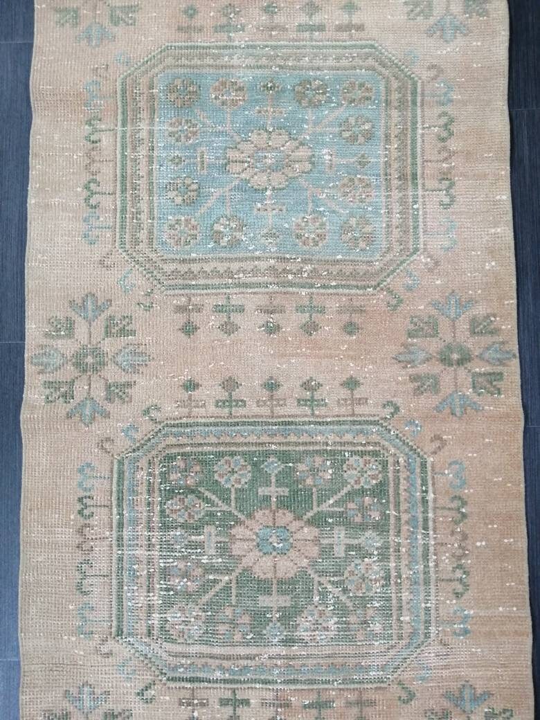 VINTAGE RUNNER Rug, Muted 2.5 x 11.4 Vintage Turkish Runner Rug, Oushak Runner Rug, Hand woven Rug, Oriental runner Rug