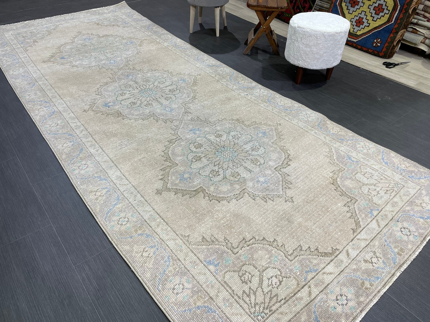 Muted Vintage Runner Rug Turkish Oushak 4.2 x 10.7 Runner Rug Handmade Runner Rug Hallway Runner Rug Kitchen Runner Rug Wool Runner Rug