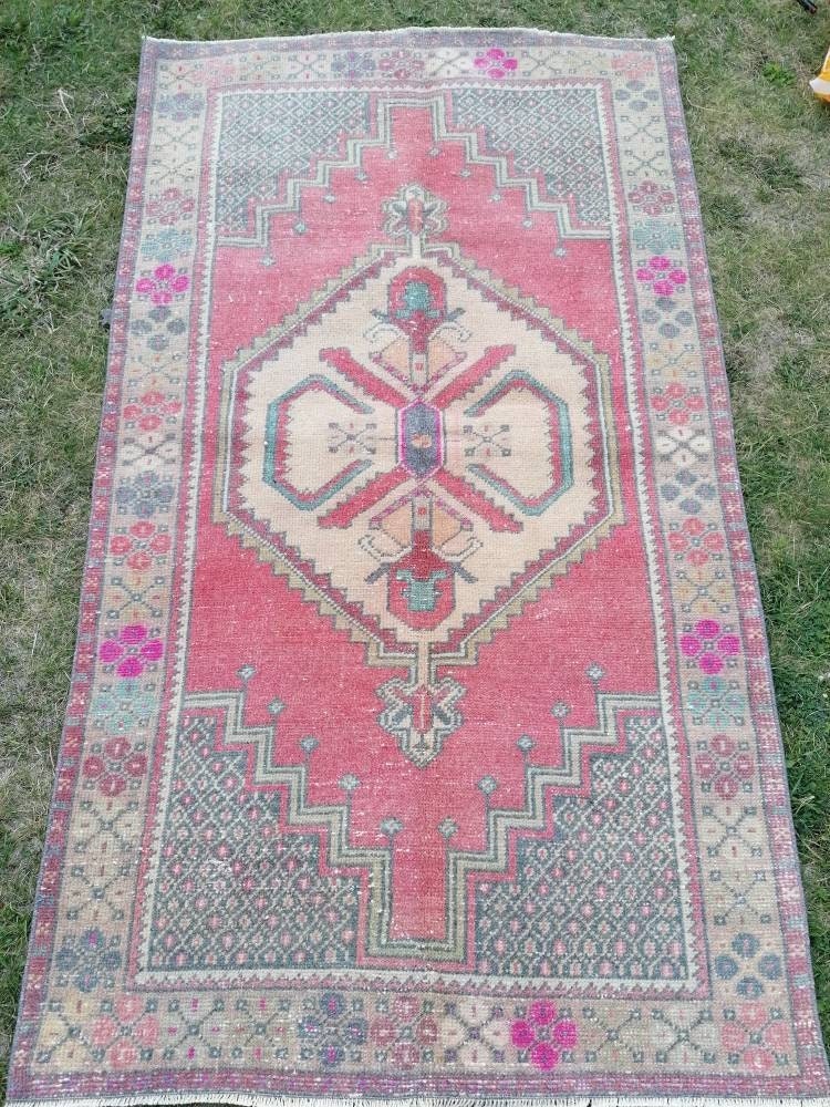 Turkish wool rug vintage handmade rug oushak rug kitchen rug bohemian rug 3'8x6'4 feet