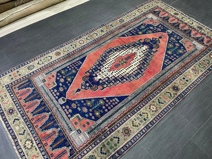 OUSHAK RUG TURKISH Vintage 4.9 x 9 Rug Vintage Oriental Rug Vintage Rug Wool Hand Knotted 5x9 Rug Hand Made Rugs Vintage Turkish Rug