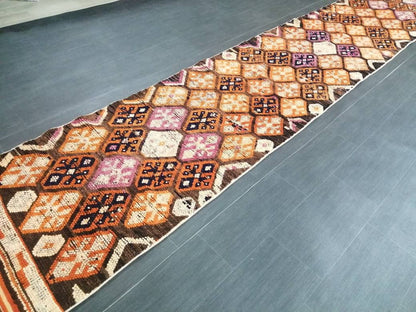 Vintage Runner Rug 2.6 x 13.6 Turkish runner rug , Medium Wool Pile Runner , Brown Oushak rug, Hallway Rug runner , Earth Tones Runner Rug