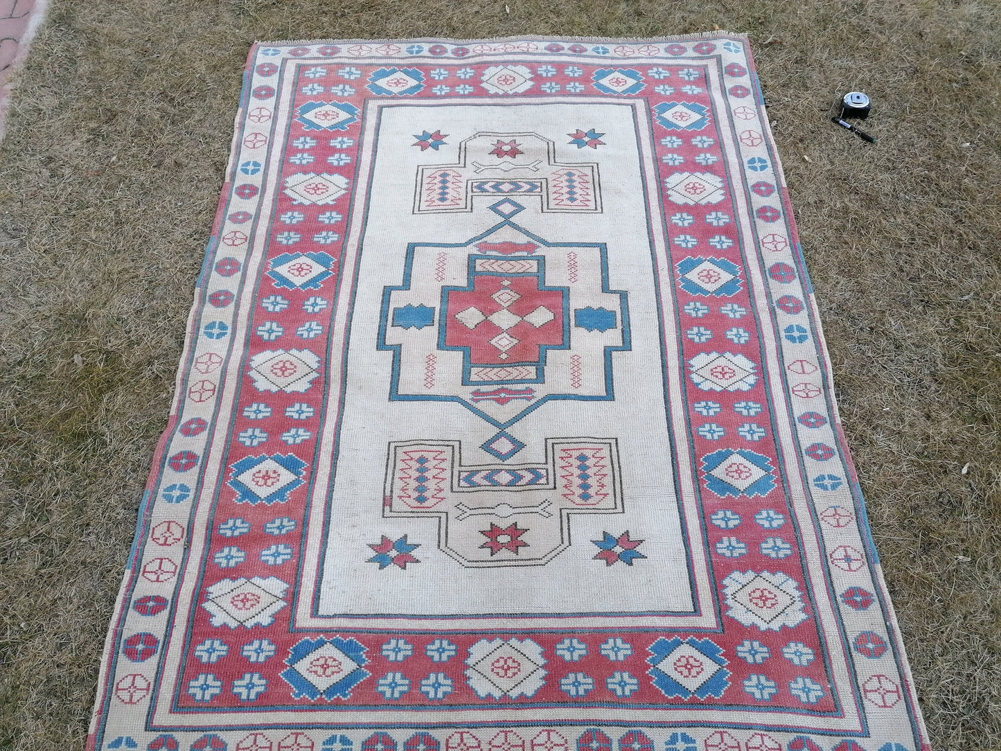 5.2 x 6.9 Turkısh hand knotted rug blue vıntage rug, handmade rug, wool rug