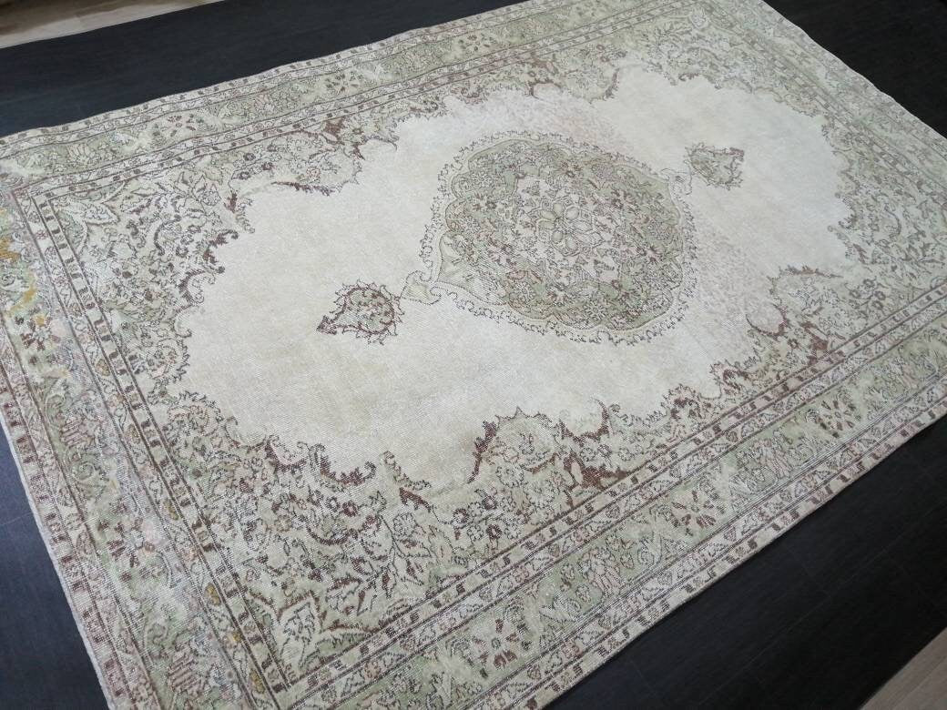 Vintage Rug Neutral TURKISH Muted HAND MADE Rug Muted Rug 6.9 x 10.3 Muted Turkish Oushak Rug, Vintage Oriental Rug, Muted 7x10 Persian Rug