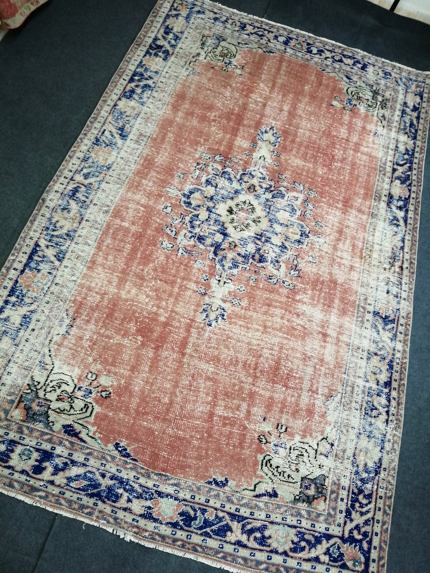 6.2 x 9.8 Large Area OUSHAK RUG TURKISH Oushak Rug Vintage Blue Orange Rug Distressed Wool Oriental Rug Hand Made Rugs Vintage Turkish Rug