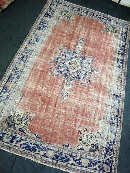 6.2 x 9.8 Large Area OUSHAK RUG TURKISH Oushak Rug Vintage Blue Orange Rug Distressed Wool Oriental Rug Hand Made Rugs Vintage Turkish Rug
